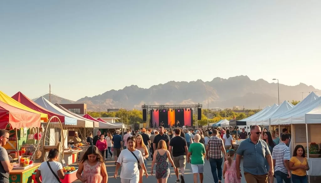 A vibrant outdoor festival in El Paso, Texas on a sunny day. In the foreground, families stroll past colorful booths selling crafts, food, and local goods. Children play on a small ferris wheel, their laughter filling the air. In the middle ground, a large stage hosts live music performances, the crowd swaying to the upbeat rhythms. The background features the iconic Franklin Mountains, their rugged peaks providing a stunning natural backdrop to the lively scene. Warm lighting casts a golden glow, creating a festive, family-friendly atmosphere.