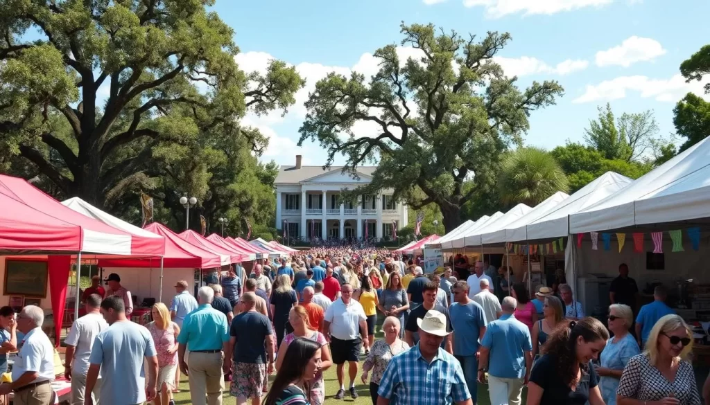 A vibrant outdoor festival in South Carolina on a sunny day. A lively crowd strolls through a bustling fairground, taking in the sights and sounds of local artisans, food vendors, and live music performances. Colorful tents and banners flutter in a gentle breeze, creating an atmosphere of celebration and community. In the background, towering oak trees cast dappled shadows, and a historic Southern mansion stands as a proud backdrop to the festivities. The scene is filled with energy, warmth, and the shared joy of the region's rich cultural heritage.