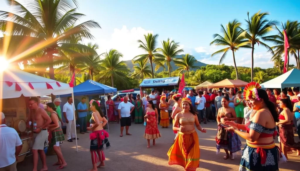 A vibrant outdoor festival in the Marshall Islands, with a lively crowd gathered amidst traditional dance performances, colorful costumes, and elaborate decorations. The sun casts a warm, golden glow over the scene, accentuating the vivid hues of the festivities. In the foreground, graceful dancers move to the rhythmic beat of drums and chants, their gestures and expressions conveying the rich cultural heritage. In the middle ground, vendors offer an array of local crafts, food, and souvenirs, while spectators mingle and observe the celebrations. The background features the lush, tropical landscape of the Marshall Islands, with swaying palm trees and a clear, azure sky.