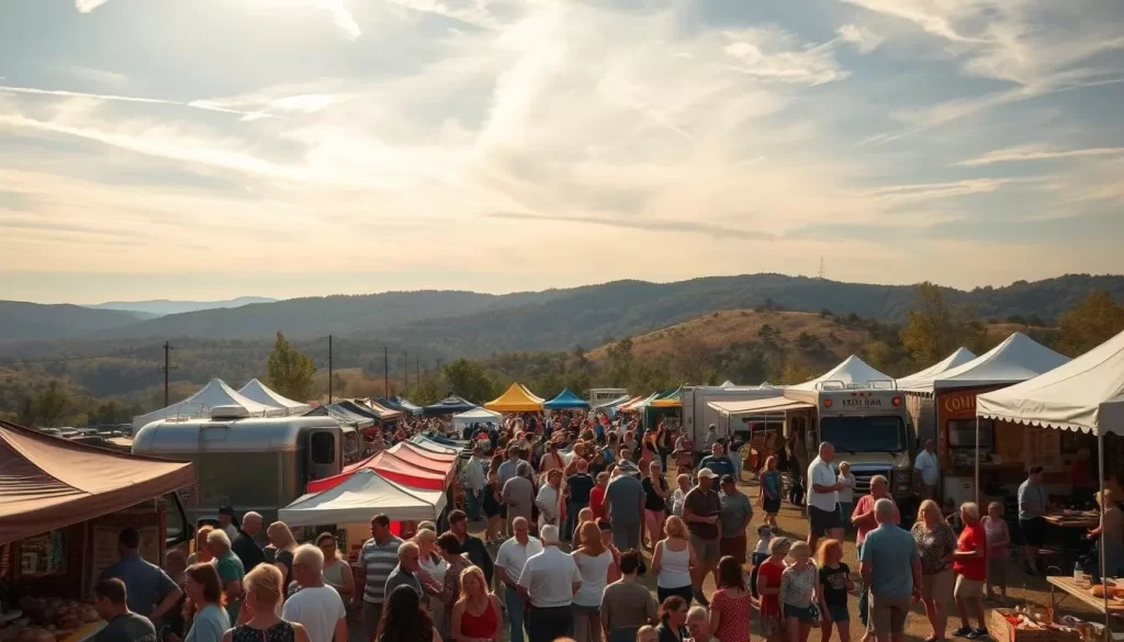 A vibrant outdoor festival in the heart of Arkansas, bustling with lively crowds and colorful tents. In the foreground, local artisans showcase their handmade crafts, their stalls adorned with intricate textiles and pottery. In the middle ground, families gather around food trucks, savoring delectable regional cuisine and tapping their feet to the upbeat rhythm of a live bluegrass band. In the background, the rolling Ozark hills provide a picturesque natural backdrop, bathed in warm, golden sunlight filtering through wispy clouds. An atmosphere of community, tradition, and joie de vivre permeates the scene, capturing the essence of Arkansas's vibrant festival culture.