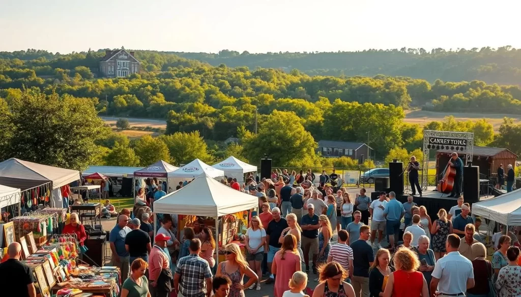 A vibrant outdoor festival in the heart of New Jersey, with lively crowds enjoying local cuisine, colorful crafts, and live music performances on multiple stages. The scene is bathed in warm, golden sunlight, casting a charming glow over the festivities. In the foreground, visitors browse an array of handmade goods and artisanal wares at artisan stalls, while in the middle ground, a diverse group of people dance to the rhythmic beats of a local band. In the background, a picturesque landscape of rolling hills and verdant trees provides a serene backdrop to the bustling celebration.