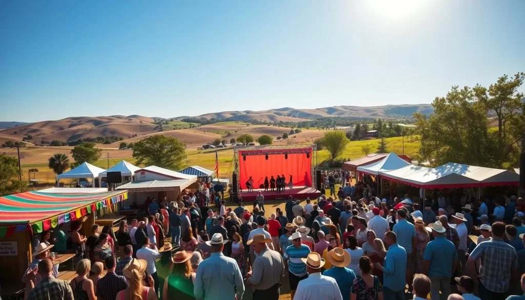 A vibrant outdoor festival in the heart of Oklahoma, showcasing the state's rich cultural heritage. In the foreground, a lively crowd gathers around colorfully decorated booths, offering local crafts, artisanal foods, and traditional music performances. The middle ground features a large stage, where performers in traditional attire captivate the audience with energetic dances and songs. In the background, rolling hills and a clear blue sky set the scene, creating a picturesque and serene atmosphere. The warm, golden sunlight filters through the trees, casting a warm glow over the entire festival. The overall mood is one of celebration, community, and immersion in Oklahoma's vibrant cultural traditions.