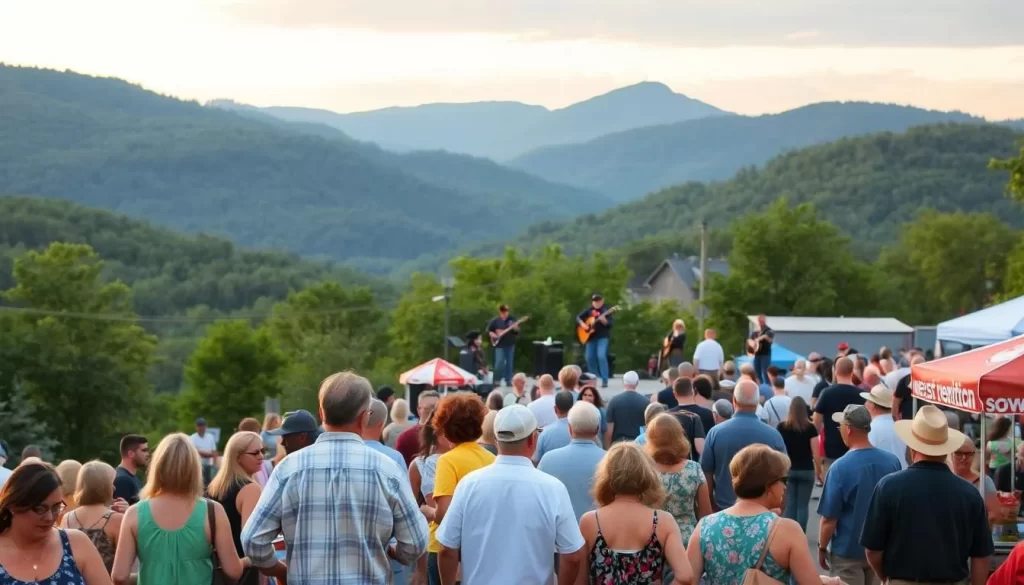 A vibrant outdoor festival in the lush, rolling hills of West Virginia. In the foreground, a crowd of people enjoying local cuisine and handcrafted goods from vendor stalls. In the middle ground, a stage with a live band performing traditional Appalachian music, their melodies carried on a gentle breeze. In the background, the silhouettes of wooded mountains under a warm, golden-hour sky. Capture the celebratory atmosphere of this community gathering, showcasing the rich cultural heritage and natural beauty of the Mountain State.