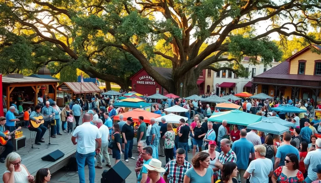 A vibrant outdoor festival scene in Oklahoma, with crowds of people milling about and enjoying the festivities. In the foreground, a lively group of musicians playing traditional instruments on a wooden stage, their energetic performance drawing in an enthusiastic audience. The middle ground features various food and craft vendors selling their wares, their colorful stalls creating a bustling marketplace atmosphere. In the background, a backdrop of quaint historic buildings and towering oak trees, bathed in warm, golden sunlight filtering through the leaves. An overall sense of community, celebration, and cultural richness pervades the scene.