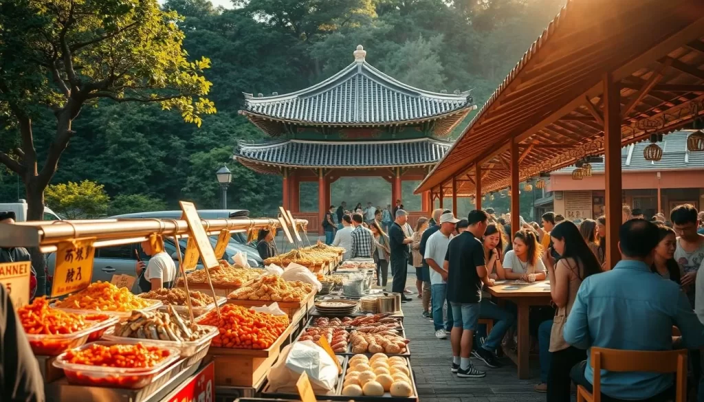 A vibrant outdoor festival scene in South Jeolla, South Korea, showcasing the region's rich culinary heritage. In the foreground, bustling food stalls offer an array of mouthwatering local delicacies, from spicy kimchi and savory Korean pancakes to freshly grilled seafood and sweet rice cakes. People gather around wooden tables, chatting animatedly and enjoying the flavors of the region. In the middle ground, a traditional Korean pavilion stands as a backdrop, its elegant roof and ornate carvings adding to the cultural ambiance. The background is filled with lush greenery, hinting at the surrounding natural beauty of the South Jeolla countryside. Warm, golden sunlight filters through the scene, creating a welcoming and inviting atmosphere.