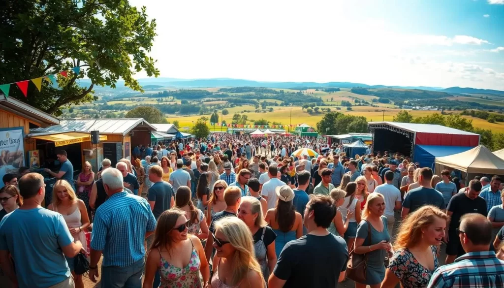 A vibrant outdoor festival scene, with a lively crowd enjoying various activities. In the foreground, people mingle and interact, laughter and excitement filling the air. The middle ground showcases colorful food stalls, music stages, and artisanal craft booths, all bustling with energy. In the background, a picturesque landscape frames the event, with rolling hills, blue skies, and warm sunlight creating a welcoming atmosphere. The lighting is natural and warm, reflecting the joyful mood of the festivities. Capture the essence of a memorable festival experience through a wide-angle lens that conveys the scope and energy of the event.