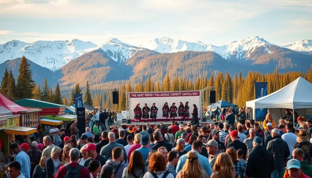 A vibrant outdoor festival set against the stunning Alaskan landscape. In the foreground, lively crowds gather around colorful food stalls and artisan vendors, their laughter and chatter filling the air. In the middle ground, traditional dancers in elaborate costumes perform on a temporary stage, captivating onlookers. In the background, snow-capped mountains and pristine forests create a breathtaking natural backdrop, bathed in warm, golden sunlight. The overall atmosphere exudes a sense of celebration, community, and connection to Alaska's rich cultural heritage.