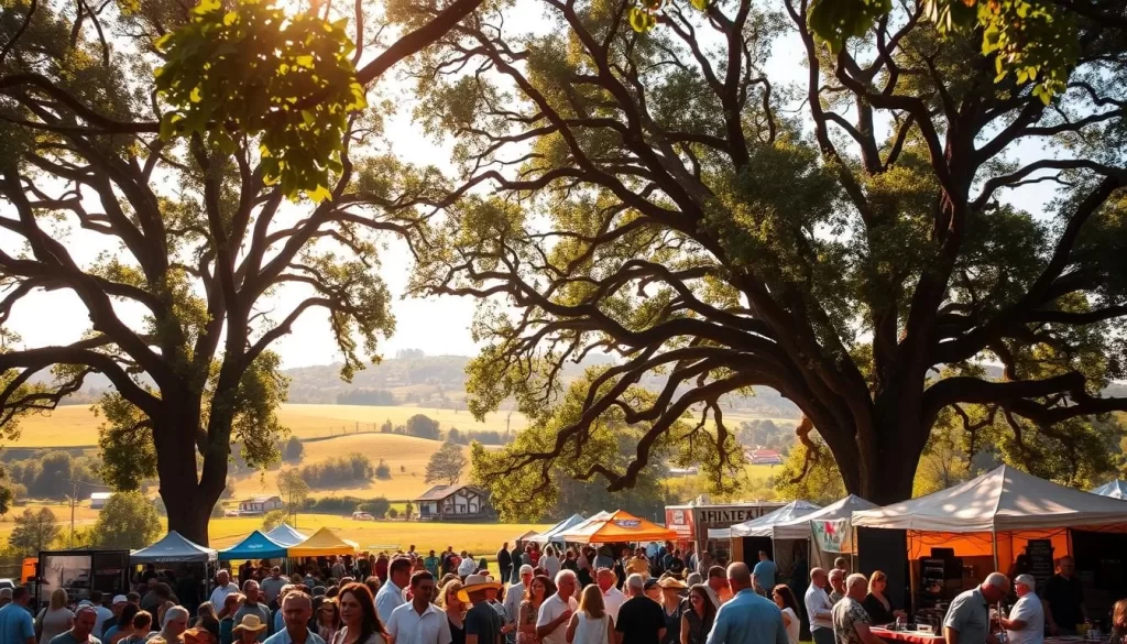 A vibrant outdoor festival set in the lush, verdant landscape of the Mississippi Delta. In the foreground, a crowd of people gather around a large stage, swaying to the soulful sounds of blues music. Vendors sell handcrafted goods and local cuisine, their colorful tents lining the perimeter. In the middle ground, towering oak trees provide dappled shade, their branches casting interesting patterns across the scene. In the background, rolling hills dotted with small homes and farms create a picturesque rural setting. The warm, golden sunlight filters through the leaves, creating a serene and atmospheric ambiance. Capture the spirit of the Mississippi Delta Blues and Heritage Festival, a celebration of the region's rich cultural heritage.
