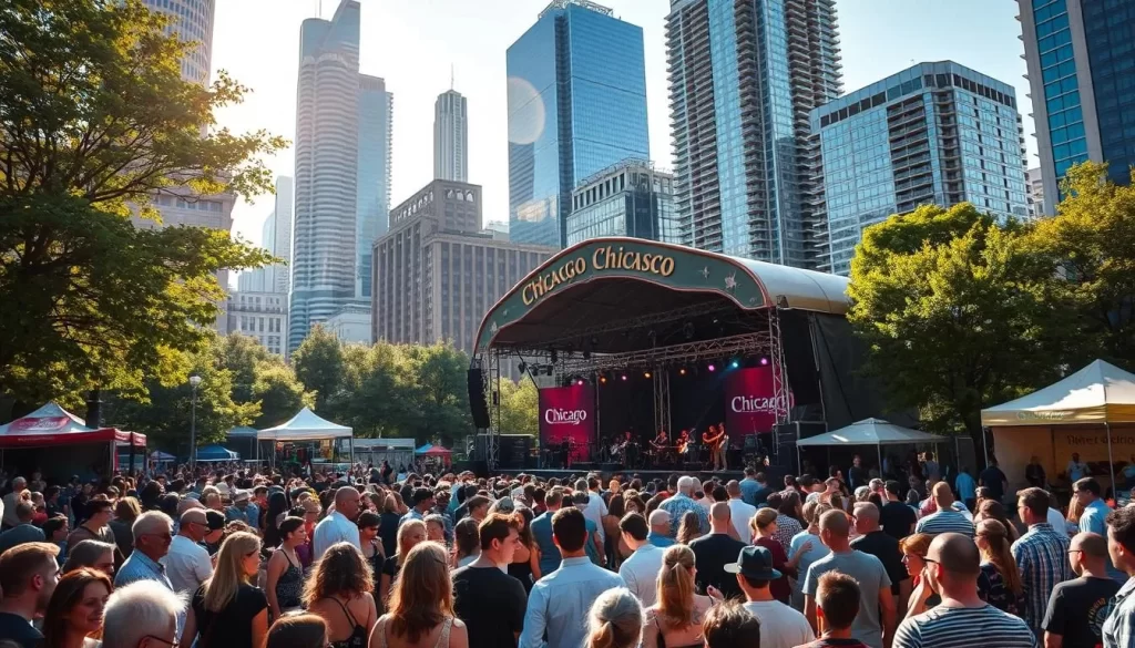 A vibrant outdoor music festival in the heart of Chicago. The iconic skyline of skyscrapers and modern architecture forms the backdrop, with the lively crowd gathered in the foreground, swaying to the rhythmic beats of live bands performing on an elaborate stage. Warm sunlight filters through the trees, casting a golden glow over the scene. Vendors offer an array of local cuisine and craft stalls, creating a celebratory atmosphere. The lens captures the energy and diversity of the event, showcasing Chicago's rich musical heritage.