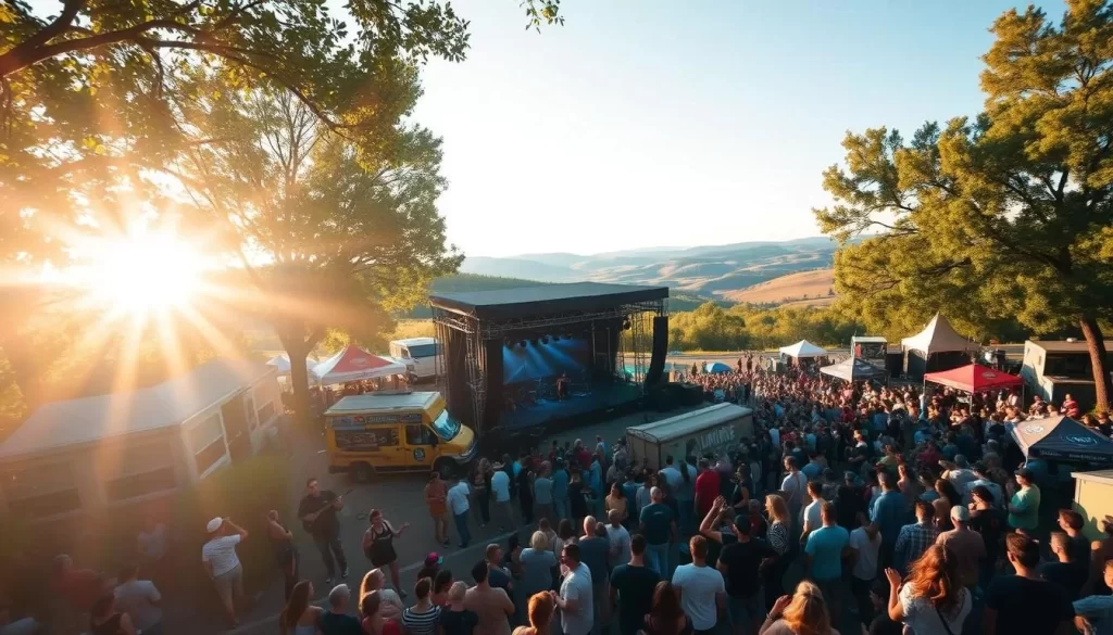 A vibrant outdoor music festival in the heart of Tennessee's lush countryside. The scene features a large stage surrounded by a sea of cheering crowds, with colorful tents and food trucks lining the periphery. Warm sunlight filters through the trees, casting a golden glow over the scene. In the distance, rolling hills and a clear blue sky create a picturesque backdrop. Musicians perform with energy and passion, their music echoing through the air and infusing the atmosphere with a joyous, celebratory spirit. The overall mood is one of camaraderie, excitement, and the pure, infectious energy of live music in a beautiful natural setting.