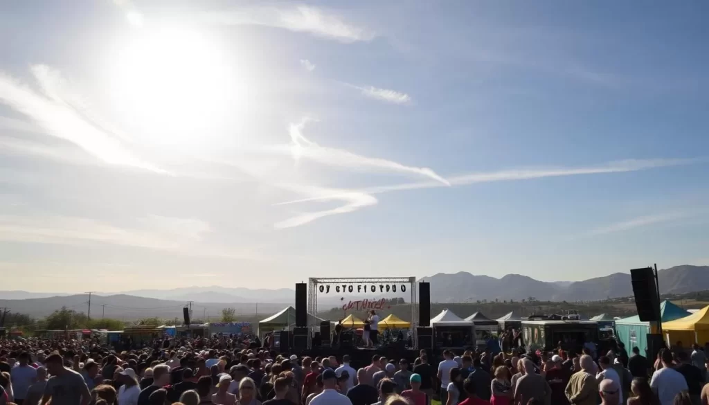 A vibrant outdoor music festival set against a picturesque backdrop. In the foreground, a large crowd of people gathered around an elevated stage, where a lively band performs on stage under warm, golden sunlight filtering through wispy clouds. The middle ground features colorful vendor tents and food trucks, with people milling about and enjoying the festivities. In the background, rolling hills or mountains rise up, creating a scenic horizon. The atmosphere is lively and energetic, with a sense of community and celebration.