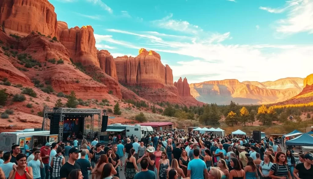 A vibrant outdoor music festival set against the majestic backdrop of Utah's rugged red rock landscape. In the foreground, a crowd of people dancing and swaying to the rhythm of live music on a large open-air stage. In the middle ground, food trucks and vendor booths offer a diverse array of local cuisine and artisanal crafts. In the distance, towering sandstone cliffs and pine-covered mountains create a stunning natural amphitheater, bathed in warm, golden sunlight filtering through wispy clouds. The overall atmosphere is one of joy, energy, and connection with the stunning natural surroundings.