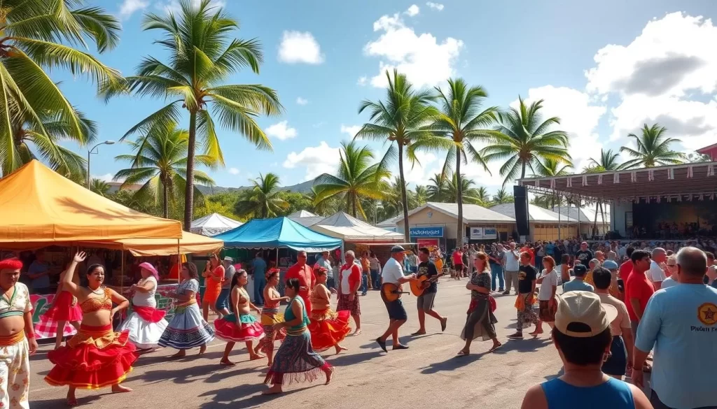 A vibrant outdoor scene capturing the diverse festivals of Guam throughout the year. In the foreground, a lively parade with colorfully costumed dancers and musicians, their movements captured mid-stride against a backdrop of swaying palm trees and a clear blue sky. In the middle ground, an array of food stalls and craft vendors, their wares displayed under sun-dappled canopies. In the distance, a large stage where traditional music and dance performances are taking place, the audience gathered in front, eagerly watching. The atmosphere is one of celebration, community, and cultural richness, the warm tropical light infusing the scene with a sense of vibrant energy.