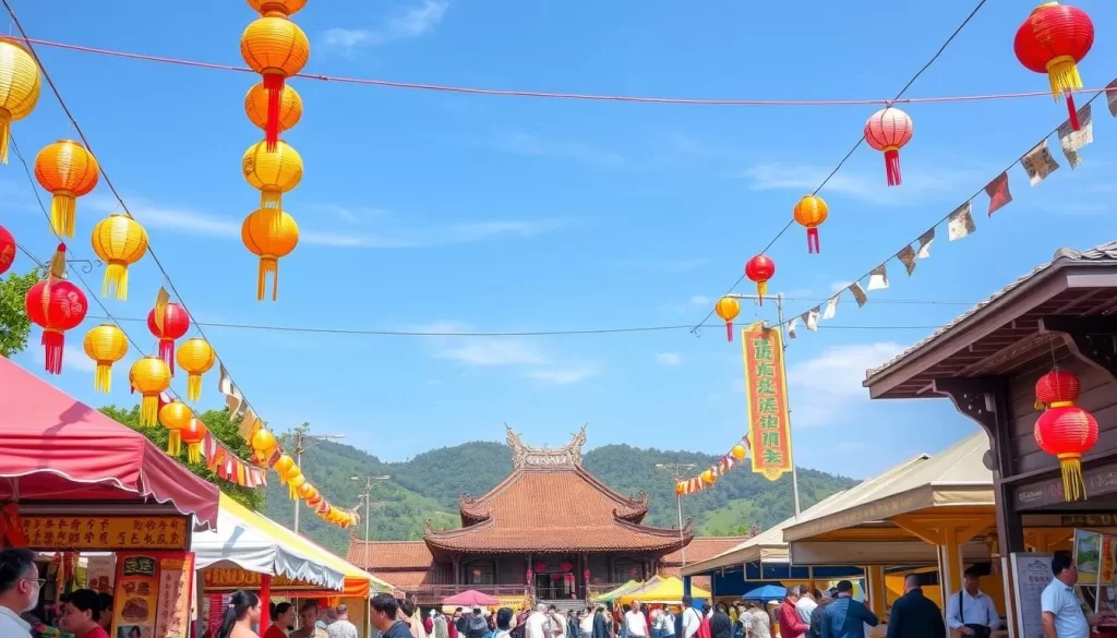 A vibrant outdoor scene capturing the essence of Pingtung County's festivals. In the foreground, a lively street fair with colorful tents, artisanal stalls, and locals in traditional attire. Strings of lanterns and banners flutter overhead, casting a warm glow. In the middle ground, a historic temple stands tall, its ornate architecture and intricate carvings a testament to the region's rich cultural heritage. The background showcases verdant hills and a cloudless azure sky, creating a serene natural backdrop for the festival's festivities. Capture the spirit of celebration, community, and timeless traditions that define Pingtung County's vibrant festival scene.