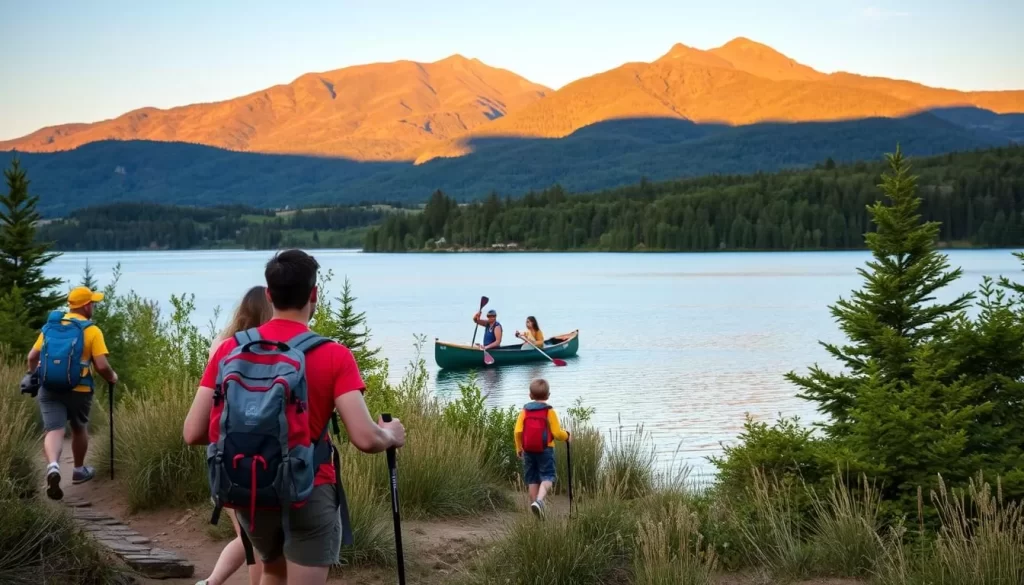 A vibrant outdoor scene featuring a family enjoying various activities on a picturesque Pennsylvania day. In the foreground, a group of hikers traverse a well-marked trail, their backpacks and hiking gear visible. In the middle ground, a couple paddle a canoe across a serene lake, surrounded by lush greenery. In the background, a scenic mountain range rises, its peaks bathed in warm, golden sunlight. The atmosphere is one of tranquility and adventure, inviting the viewer to immerse themselves in the natural beauty of Pennsylvania.