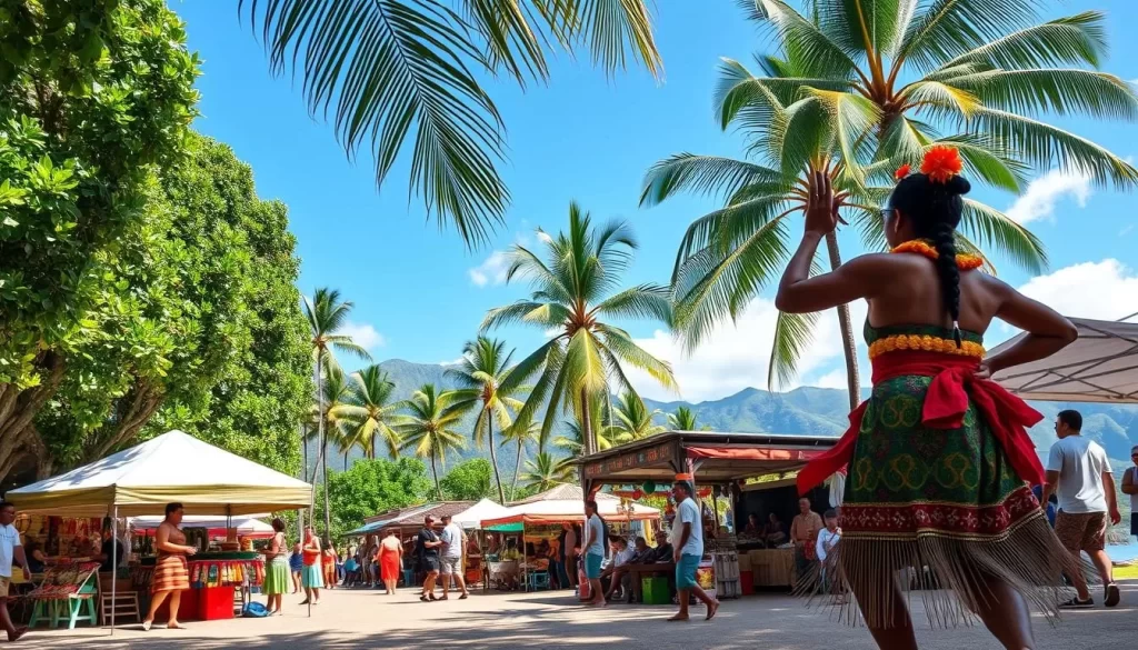 A vibrant outdoor scene in American Samoa, showcasing the cultural heritage and festive spirit of the island. In the foreground, a lively traditional dance performance, with graceful Samoan dancers adorned in colorful, intricate costumes moving to the rhythm of live music. The middle ground features an array of vibrant market stalls, offering a tempting selection of local crafts, handwoven textiles, and fragrant Polynesian delicacies. In the background, lush tropical foliage frames the scene, with a clear blue sky and the distant outline of mountainous terrain. The overall atmosphere is one of warmth, community, and a deep respect for Samoan cultural traditions.