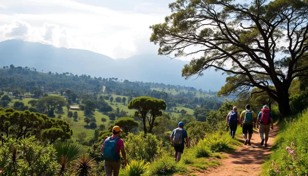A vibrant outdoor scene in Iringa, Tanzania, showcasing the region's natural beauty. In the foreground, a group of hikers traversing a winding trail, their backpacks and hiking gear signaling an adventurous expedition. The middle ground features a lush, verdant landscape dotted with towering trees and blooming flora, casting dappled shadows on the ground below. In the background, majestic mountains rise, their peaks shrouded in wispy clouds, bathed in the warm glow of the sun. The lighting is soft and natural, creating a serene and inviting atmosphere that perfectly captures the essence of the best time to visit Iringa, Tanzania.