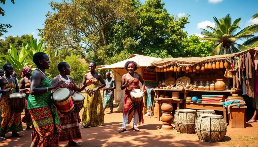 A vibrant outdoor scene in Togo, West Africa showcasing the region's rich cultural heritage. In the foreground, a group of locals engage in traditional drumming and dance, their colorful garments and rhythmic movements capturing the energy of the community. Further back, artisanal stalls display handcrafted pottery, woven textiles, and intricate wood carvings, reflecting the skilled artistry of the Togolese people. In the background, lush green foliage and a clear blue sky set the stage for this cultural celebration, bathed in warm, natural lighting that enhances the joyful atmosphere. The composition emphasizes the vibrant, authentic experience of immersing oneself in the traditions and lifeways of the Togo culture.