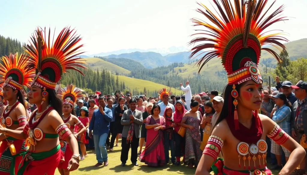 A vibrant outdoor scene in the lush, verdant hills of Arunachal Pradesh, India. In the foreground, a colorful procession of dancers adorned in traditional tribal costumes, their elaborate headdresses and intricate body paint glistening in the warm sunlight. In the middle ground, a bustling crowd of spectators and locals celebrate the cultural festivities, their joyful expressions and lively interactions captured in candid, documentary-style moments. The background features the rolling, forested landscape, with distant snow-capped peaks visible under a bright, clear sky. The overall mood is one of vibrant cultural celebration, authenticity, and natural beauty.