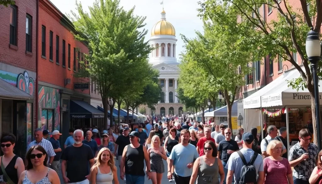 A vibrant outdoor scene of Montpelier's ArtWalk, capturing the energy and artistic spirit of Vermont's charming capital city. In the foreground, a bustling crowd of locals and visitors strolls along the tree-lined sidewalks, admiring the vibrant murals and sculptures adorning the historic brick buildings. In the middle ground, street performers and local artisans showcase their talents, drawing in onlookers. The background features the iconic Vermont State House, its golden dome glinting in the warm, natural sunlight. The overall atmosphere is one of community, creativity, and a celebration of the arts, perfectly encapsulating the essence of Montpelier's thriving art scene.