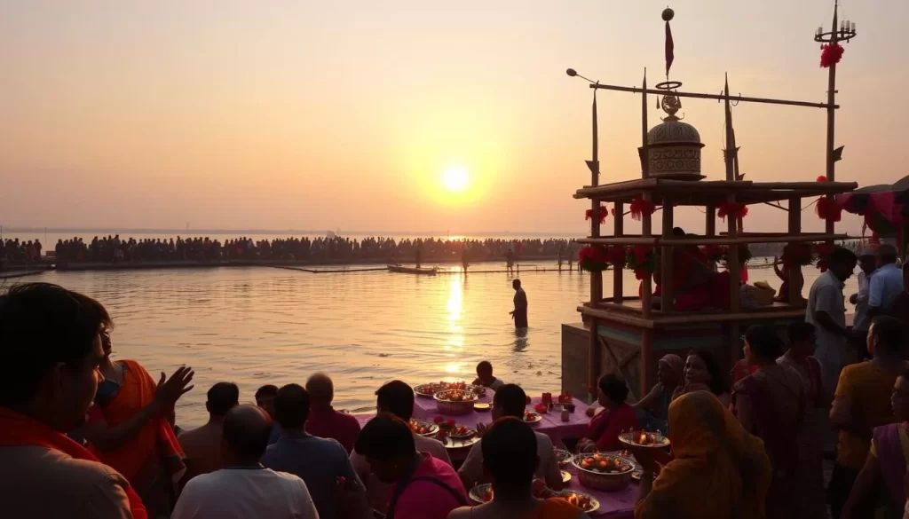 A vibrant outdoor scene of a Chhath Puja celebration in West Bengal, India. In the foreground, devotees perform the Argha ritual, offering prayers and offerings to the setting sun. The mid-ground shows a riverside ghat adorned with colorful decorations, oil lamps, and elaborately decorated bamboo structures. In the background, a beautiful sunset casts a warm glow over the proceedings, creating a serene and spiritual atmosphere. Capture the reverence and community spirit of this ancient Hindu festival honoring the sun god.