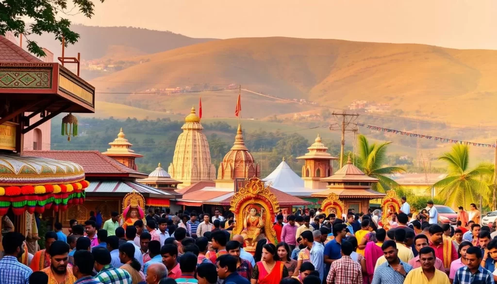 A vibrant outdoor scene showcasing the colorful and lively festivals of Assam, India. In the foreground, a bustling crowd gathers around decorative stalls and performers adorned in traditional attire, capturing the energy and festive spirit. The middle ground features ornate temples and structures, their intricate architectural details illuminated by the warm, golden sunlight. In the background, rolling hills and lush greenery provide a serene, natural backdrop, complementing the vibrant festivities. The overall composition conveys a sense of cultural immersion, inviting the viewer to experience the rich heritage and joyous celebrations of Assam.