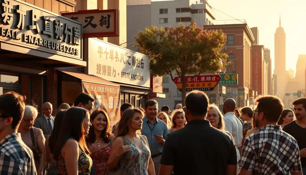A vibrant outdoor scene showcasing the diverse linguistic tapestry of Georgia, USA. In the foreground, a group of people from various cultural backgrounds engaged in lively conversations, their body language and gestures reflecting the rich exchange of ideas. The middle ground features prominent signage and storefronts displaying multilingual scripts, representing the melting pot of languages that have shaped the state's identity. In the background, a picturesque cityscape with iconic landmarks, bathed in warm, golden sunlight that enhances the sense of harmony and inclusivity. The overall atmosphere conveys the seamless integration of Georgia's immigrant history and its impact on the state's thriving linguistic landscape.