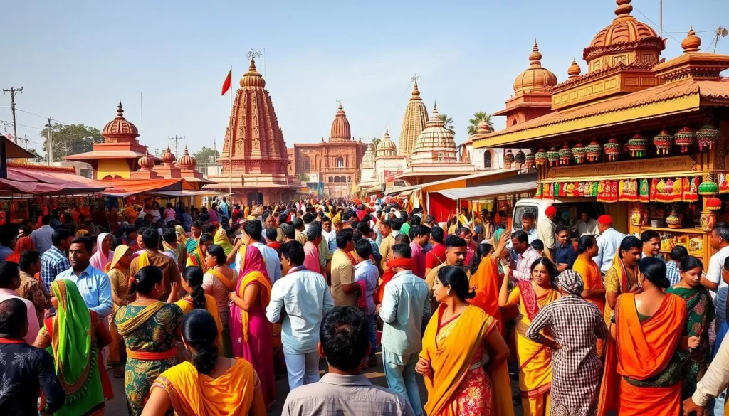 A vibrant outdoor scene showcasing the rich cultural tapestry of Jharkhand's festivals. In the foreground, a lively crowd adorned in colorful traditional attire dances to the rhythmic beats of drums and local instruments. In the middle ground, stalls brim with intricately crafted handicrafts, food vendors, and folk performers captivating onlookers. The background features ornate temples and shrines, their intricate architecture bathed in warm, golden sunlight. The atmosphere is one of joyous celebration, with a sense of community and shared traditions. Capture the essence of Jharkhand's vibrant festival culture through this meticulously detailed, visually striking scene.