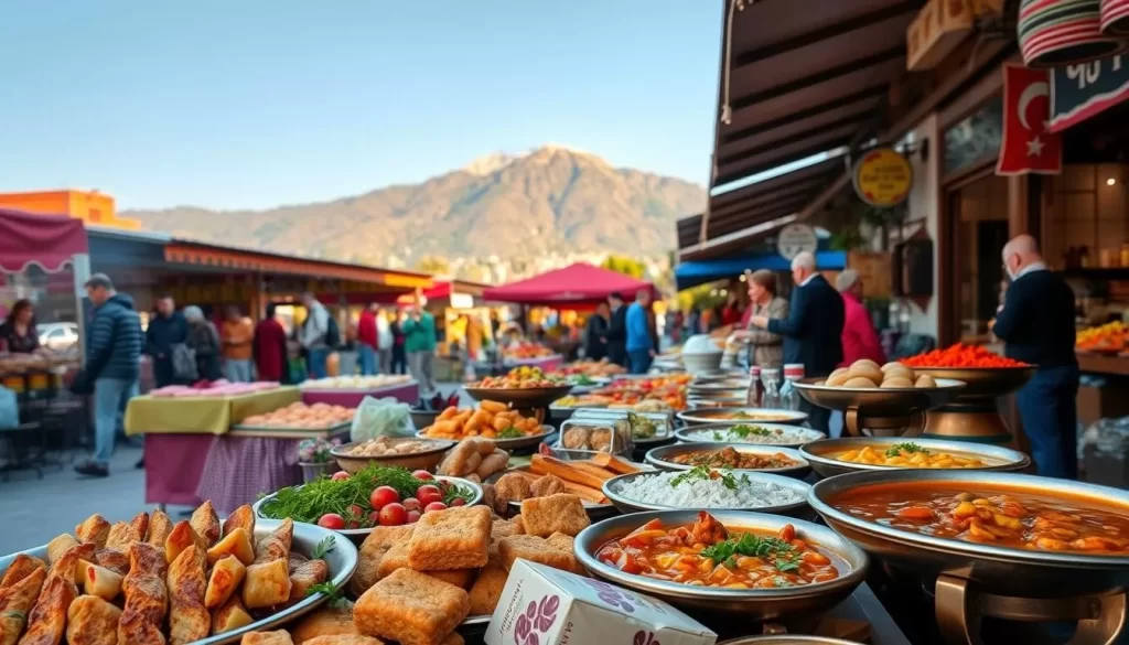 A vibrant outdoor scene showcasing the rich diversity of Turkish cuisine. In the foreground, a spread of colorful, aromatic dishes - fragrant kebabs, flaky baklava, and steaming bowls of hearty stew. In the middle ground, a lively outdoor market, with vendors selling freshly baked breads, vibrant spices, and locally-sourced produce. In the background, the majestic peaks of Uludağ mountain, bathed in warm, golden sunlight. The atmosphere is one of celebration and cultural celebration, reflecting the deep culinary traditions of this remarkable region.