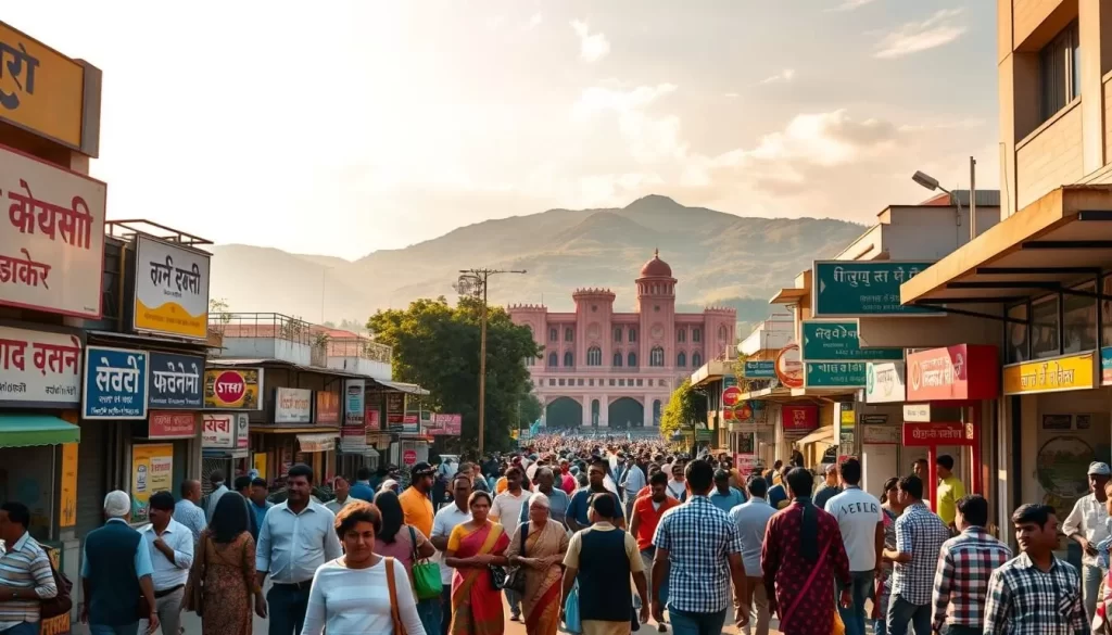 A vibrant panorama of Chandigarh's linguistic diversity. In the foreground, a bustling street scene with pedestrians of various ethnicities conversing in lively exchanges. Colorful storefronts and signage in multiple scripts line the sidewalks, creating a visually rich tapestry. The middle ground features iconic Chandigarh architecture, its clean lines and geometric forms a testament to the city's planned design. In the background, the majestic Shivalik hills rise, their verdant slopes framing the urban landscape. Warm sunlight filters through wispy clouds, illuminating the scene with a soft, inviting glow. The overall tone conveys the vibrant, multicultural spirit of Chandigarh's linguistic landscape.