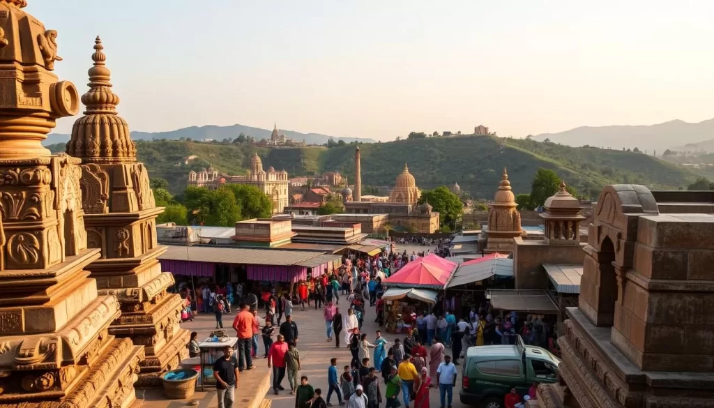 A vibrant panorama of Telangana's cultural heritage unfolds in the warm afternoon light. In the foreground, intricate carved stone temples and statues stand tall, their weathered surfaces gleaming. In the middle ground, a bustling marketplace teems with colorful textiles, artisanal crafts, and the lively chatter of local vendors. Beyond, undulating hills covered in lush greenery form the serene backdrop, dotted with the iconic steeples and domes of historic palaces and mosques. The scene is infused with a sense of timeless tradition and the rich, diverse tapestry of Telangana's cultural identity.