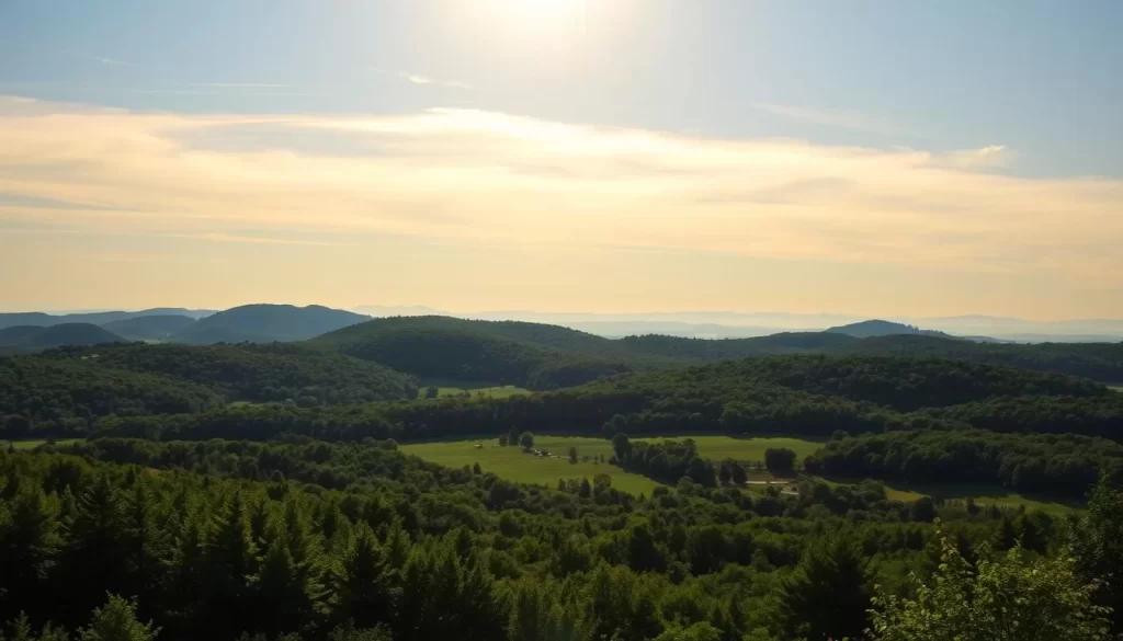 A vibrant panorama of Western Massachusetts' weather patterns unfolds against a clear, azure sky. Rolling hills and lush forests form the backdrop, bathed in the warm, golden glow of the sun. In the foreground, wispy clouds drift lazily, casting delicate shadows across the patchwork of farmlands and meadows below. A gentle breeze rustles the verdant foliage, creating a sense of tranquility and natural harmony. The scene is captured through the lens of a high-resolution camera, preserving the vivid colors and intricate details that define this idyllic New England landscape.