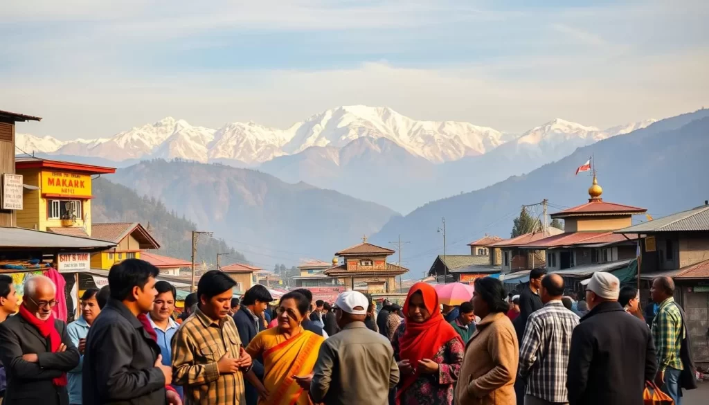 A vibrant, panoramic landscape showcasing the linguistic diversity of Sikkim's regions. In the foreground, a group of locals conversing animatedly in their native tongues, their traditional attire and gestures adding to the cultural richness. The middle ground features bustling markets, with vendors hawking their wares in a cacophony of regional dialects. In the background, majestic Himalayan peaks provide a serene backdrop, their snow-capped summits bathed in warm, golden sunlight. The scene is imbued with a sense of harmony, where the distinct languages and customs of Sikkim's various communities coexist in a tapestry of diversity. Captured with a wide-angle lens, the image conveys the vibrancy and interconnectedness of Sikkim's linguistic landscape.
