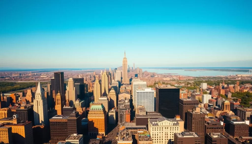 A vibrant panoramic view of the five boroughs of New York City under a clear blue sky. In the foreground, the bustling streets of Manhattan are alive with people and traffic, the iconic skyscrapers casting long shadows. Farther out, the diverse landscapes of Brooklyn, Queens, the Bronx, and Staten Island come into focus, each borough distinct in its architecture and natural features. Rolling hills, lush parks, and coastal vistas create a tapestry of weather-influenced environments. Warm, diffused lighting illuminates the scene, capturing the energy and dynamism of this vast metropolitan area. The composition balances the urban and the natural, inviting the viewer to explore the unique weather patterns and experiences across New York's five boroughs.