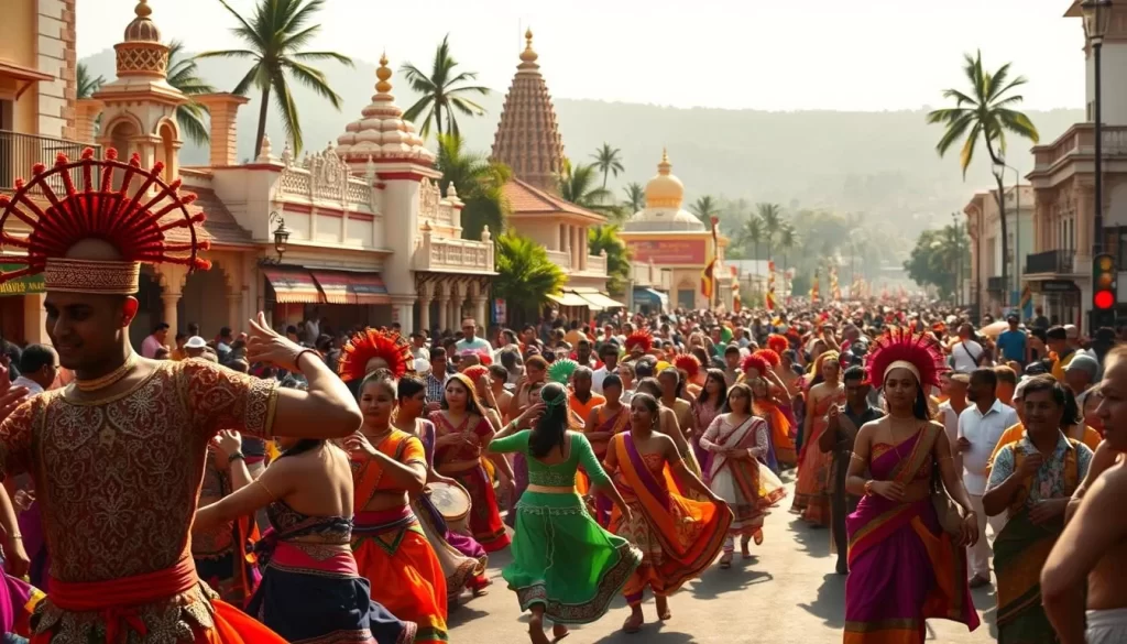 A vibrant parade of colorful costumes and lively music fills the streets of Goa. In the foreground, dancers sway to the rhythm of traditional percussion, their intricate garments shimmering in the warm sunlight. The middle ground features a bustling crowd of onlookers, capturing the infectious energy of the celebration. In the background, ornate temples and colonial-era buildings provide a picturesque backdrop, showcasing the unique blend of Indian and Portuguese influences that define Goa's rich cultural heritage. The scene is bathed in a golden, soft-focus glow, creating a sense of warmth and festivity that perfectly encapsulates the vibrant festival culture of this beloved Indian state.