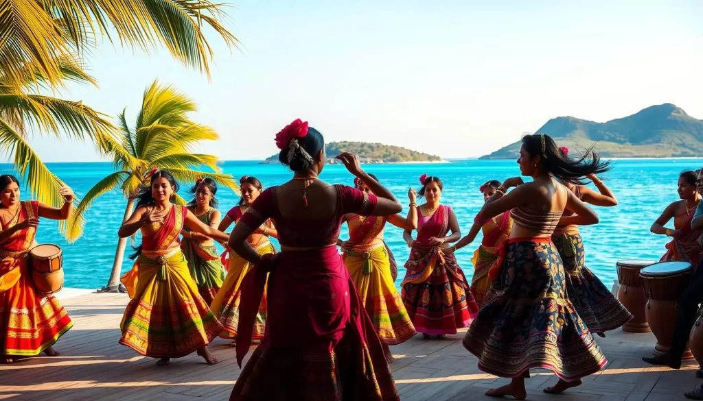 A vibrant performance of traditional dance in Lakshadweep, India. In the foreground, a group of dancers adorned in colorful, intricate costumes sway gracefully to the rhythmic beat of drums and local instruments. The middle ground showcases a picturesque island backdrop, with swaying palm trees and a serene blue lagoon. The lighting is warm and natural, casting a golden glow over the scene. The overall mood is one of cultural celebration and immersive traditional artistry. Capture the energy and beauty of this unique cultural heritage.