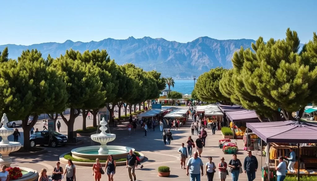 A vibrant public square in Marmaris, Turkey, bustling with activity on a warm, sunny day. In the foreground, locals and tourists alike stroll along the tree-lined promenade, stopping to admire the ornate fountains and well-maintained landscaping. In the middle ground, a lively market scene unfolds, with vendors selling colorful textiles, handcrafted souvenirs, and fresh produce. The background is dominated by the stunning natural beauty of the Aegean Sea, with the rugged Taurus Mountains providing a majestic backdrop. The scene is bathed in a soft, golden light, creating a serene and inviting atmosphere that encourages exploration and leisure.