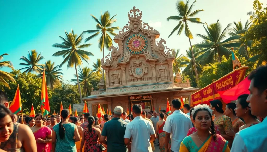 A vibrant religious celebration on Christmas Island, with people dressed in traditional attire gathered around a magnificent, ornately decorated temple. The foreground features a procession of worshippers carrying colorful banners and offerings, their faces filled with reverence. The middle ground showcases the intricately carved temple facade, bathed in warm, golden light. In the background, lush, verdant foliage and a clear, azure sky create a serene, tropical atmosphere. The overall scene conveys a sense of harmony, community, and deep spiritual connection.