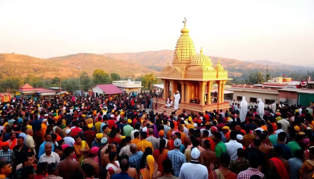 A vibrant religious festival in the heartland of Madhya Pradesh, India. In the foreground, a throng of devotees adorned in colorful traditional attire gathers around a grand temple, its intricate architecture bathed in warm golden light. In the middle ground, sacred rituals and rituals unfold, with priests leading chants and worshippers making offerings. The background is a lush, verdant landscape dotted with rolling hills and a clear blue sky, creating a serene and spiritual atmosphere. The scene is captured with a wide-angle lens, showcasing the scale and grandeur of the festival, while the soft, diffused lighting imbues the image with a sense of reverence and tranquility.