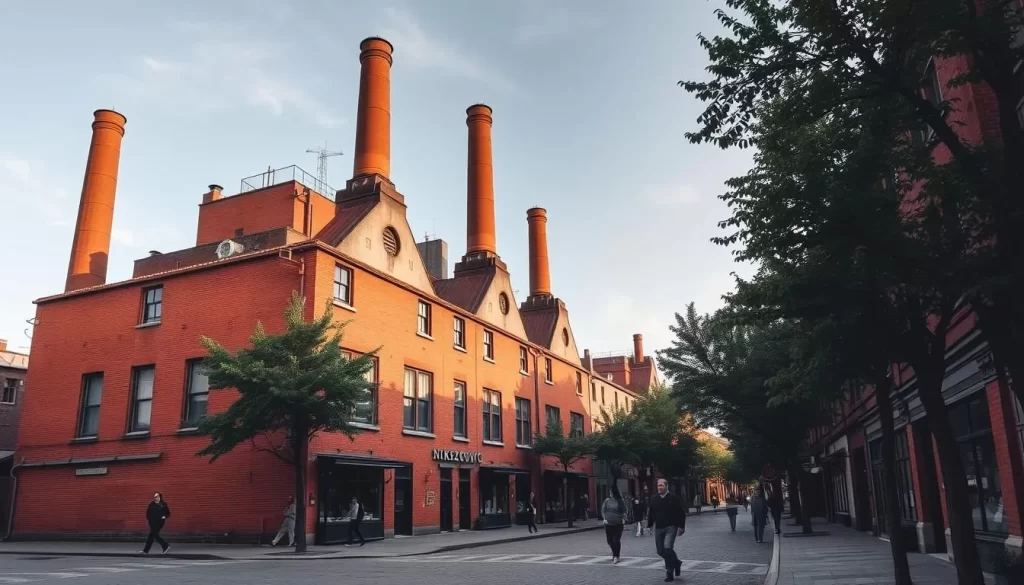 A vibrant row of Nikiszowiec's iconic red brick industrial buildings, their weathered facades bathed in warm afternoon sunlight. Towering chimneys punctuate the skyline, casting long shadows across the narrow cobblestone streets below. In the foreground, a small group of locals strolls past the quaint storefronts, their lively chatter echoing through the tranquil neighborhood. The muted tones of the brickwork are complemented by the lush greenery of mature trees lining the sidewalks, creating a charming, historic ambiance. Capture the essence of this well-preserved workers' settlement, a testament to Katowice's industrial heritage.