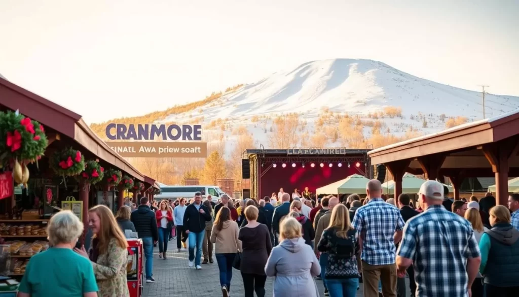 A vibrant scene at Cranmore Mountain Resort in New Hampshire, showcasing its renowned events and festivities. In the foreground, visitors stroll through a bustling marketplace, browsing an array of local artisanal crafts and delectable treats. In the middle ground, a lively stage hosts a spirited musical performance, with the crowd swaying and clapping in time. Towering in the background, the majestic Cranmore Mountain rises, its slopes blanketed in a fresh layer of snow, hinting at the thrilling winter activities to come. Warm, golden sunlight illuminates the entire scene, creating a welcoming and festive atmosphere. The image captures the essence of Cranmore's vibrant event calendar, enticing viewers to experience the resort's unique and unforgettable celebrations.
