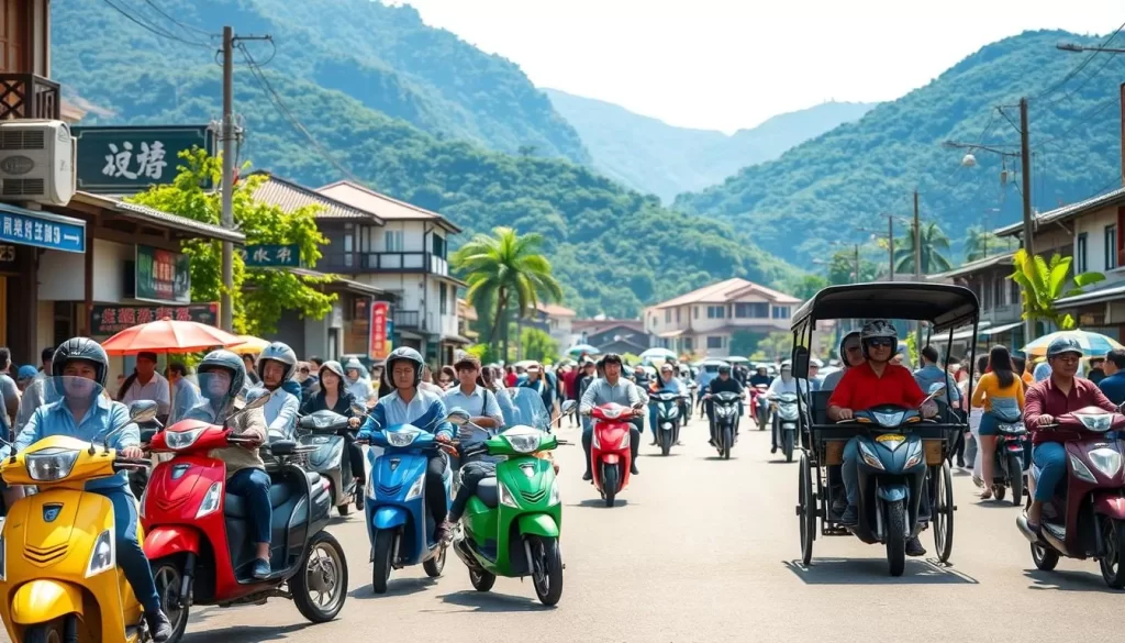 A vibrant scene in Nantou County, Taiwan showcasing the diverse transportation options for festival-goers. In the foreground, a colorful fleet of scooters and mopeds navigating the bustling streets, their riders weaving through the lively crowds. In the middle ground, a traditional rickshaw offers a leisurely sightseeing experience, its driver guiding tourists through the historical districts. In the background, verdant mountains rise, framing the idyllic rural landscape. The scene is bathed in warm, natural lighting, capturing the energy and charm of this picturesque region. An inviting atmosphere that encourages festival-goers to explore Nantoul County's vibrant culture and attractions.