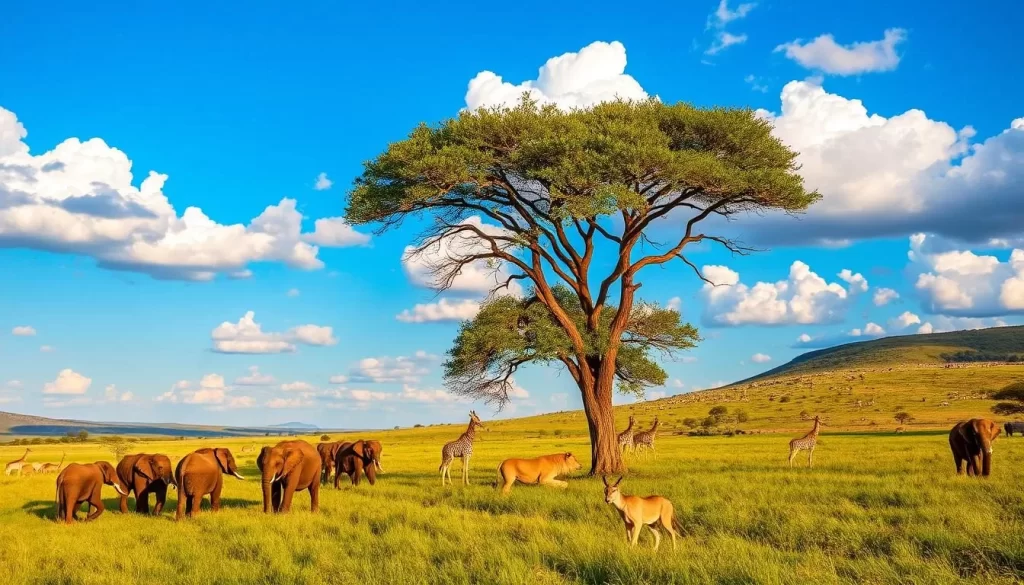 A vibrant scene in Nyerere National Park, Tanzania. In the foreground, a herd of elephants gracefully roams through the lush, verdant grasslands, their trunks swaying in the light breeze. In the middle ground, a pride of lions lounges in the shade of an acacia tree, their golden coats gleaming in the warm, golden-hour sunlight. In the distance, a diverse array of wildlife, including majestic giraffes, nimble gazelles, and stately zebras, inhabit the rolling hills and savannas. The sky is a brilliant azure, with fluffy white clouds drifting lazily overhead, creating a sense of serenity and wonder. Captured with a wide-angle lens, this image conveys the stunning natural beauty and abundant wildlife of Nyerere National Park.