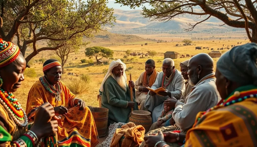A vibrant scene in the heart of Kenya's Great Rift Valley, where the rich cultural tapestry of the local tribes is on full display. In the foreground, artisans expertly craft intricate beadwork and weavings, their colorful creations illuminated by the warm, golden sunlight filtering through the acacia trees. In the middle ground, a group of elders share stories and traditions with a captivated audience, their faces etched with the wisdom of generations. In the background, a lush, rolling landscape stretches out, dotted with traditional mud-and-thatch huts and the occasional grazing herd of livestock. Capture the essence of this vibrant cultural experience, with a sense of authenticity and a touch of magic.