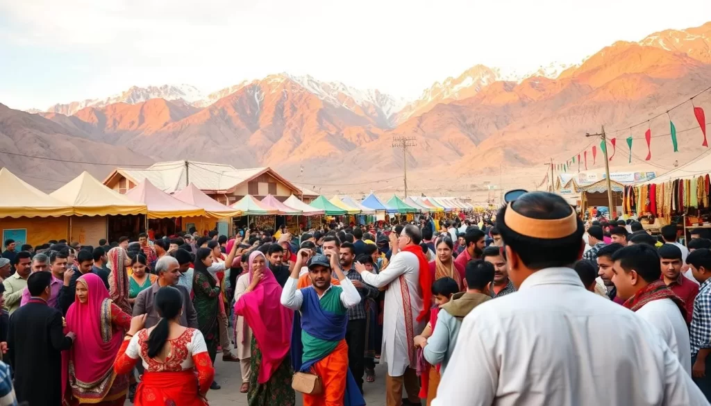 A vibrant scene of Afghanistan's regional celebrations, captured in stunning detail. In the foreground, a lively crowd dressed in traditional attire dances to the rhythm of lively music, their vibrant fabrics swaying in the gentle breeze. In the middle ground, colorful tents and stalls offer an array of local crafts, spices, and delicacies, while the background is framed by the majestic mountains, their snow-capped peaks bathed in warm, golden light. The atmosphere is filled with a sense of joy and community, reflecting the rich cultural heritage of this captivating region.