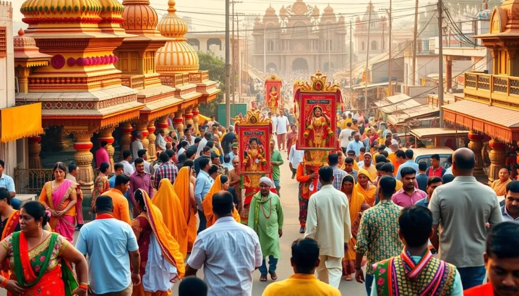 A vibrant scene of Bihar's festive celebrations, captured on a pleasant day. In the foreground, people adorned in colorful traditional attire dance and perform rituals against the backdrop of ornately decorated structures. The middle ground showcases a lively procession, with musicians playing instruments and carrying intricate banners. In the distance, a bustling marketplace filled with vendors selling festive delicacies and handicrafts. Warm, golden lighting bathes the entire scene, creating a joyous and inviting atmosphere. The composition highlights the diverse cultural traditions and the festive spirit that permeates throughout Bihar.