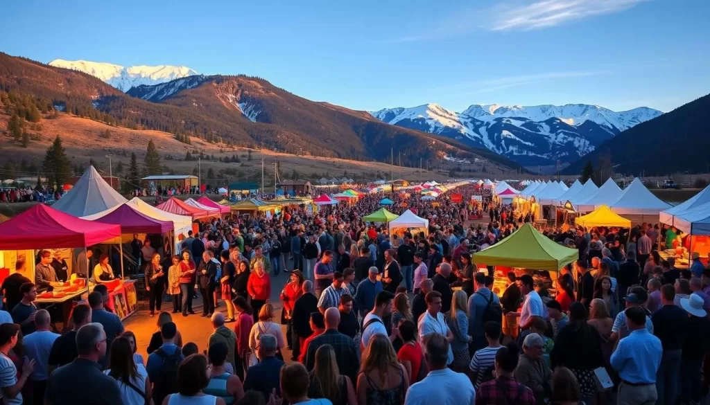 A vibrant scene of Colorado's diverse festival culture, with crowds gathered in a scenic mountain landscape. In the foreground, lively music and dance performances captivate the audience, surrounded by colorful tents and food stalls. The middle ground showcases a mix of traditional and contemporary art exhibits, while the background features snow-capped peaks and a clear blue sky. The warm, golden lighting creates a welcoming, festive atmosphere, inviting viewers to immerse themselves in the celebration of Colorado's rich cultural heritage.