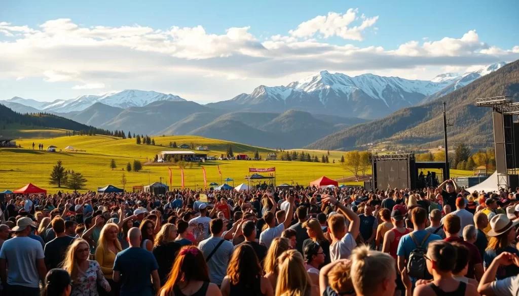 A vibrant scene of Colorado's iconic music festivals, set against the stunning backdrop of the Rocky Mountains. In the foreground, a crowd of festival-goers sway to the rhythm of live music, their energy palpable. In the middle ground, colorful tents and stages dot the lush, grassy landscape, while in the distance, snow-capped peaks rise majestically. The warm, golden light of the sun bathes the scene, creating a sense of warmth and excitement. The overall atmosphere is one of joy, creativity, and connection, capturing the spirit of Colorado's thriving music culture.