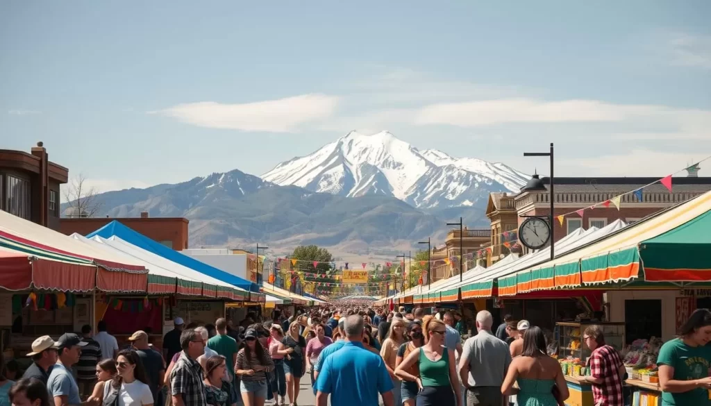 A vibrant scene of Colorado's lively festival culture, captured on a sunny day. In the foreground, a bustling street lined with colorful vendor stalls, music spilling out from nearby stages. People of all ages mingle, sampling local cuisine and browsing handcrafted wares. In the middle ground, a towering mountain range provides a majestic backdrop, its snow-capped peaks glowing in the warm sunlight. The atmosphere is one of joy and celebration, with festive decorations and lively performances bringing the scene to life. The camera captures this dynamic energy with a wide, cinematic lens, immersing the viewer in the vibrant festivities that make Colorado a year-round destination.