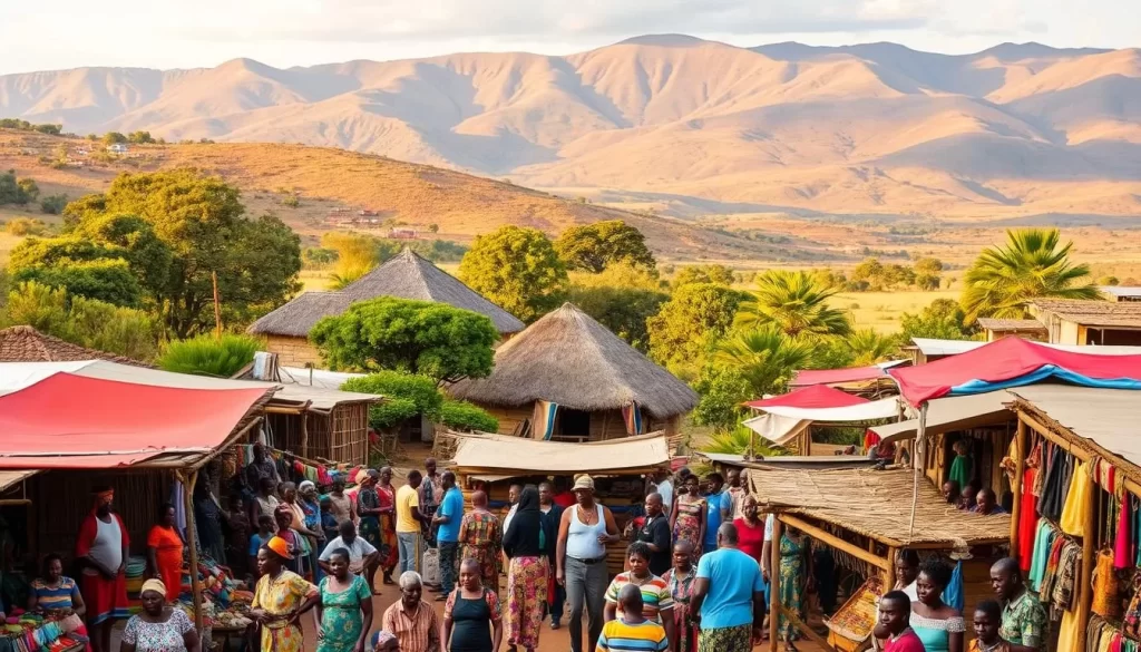 A vibrant scene of Eldoret's cultural heritage unfolds. In the foreground, a bustling open-air market teems with stalls offering handcrafted wares, from colorful textiles to intricate woodcarvings. The middle ground showcases a traditional Kalenjin homestead, its thatched-roof huts surrounded by lush greenery. In the background, the majestic Rift Valley escarpment rises, its rolling hills and valleys bathed in warm, golden light. The atmosphere is one of authentic, community-driven vitality, inviting the viewer to immerse themselves in the rich tapestry of Eldoret's vibrant culture.